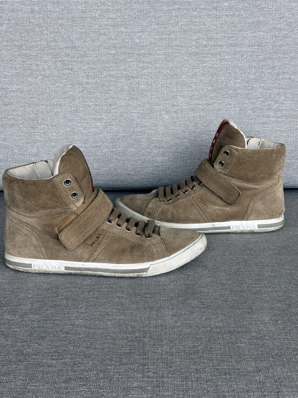 Prada Suede High Top Sneakers Tan Side Zip Strap Linea Rossa Size 37 US 7